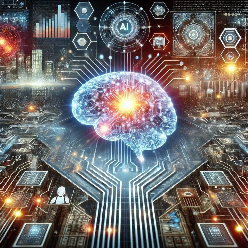 Un'immagine futuristica che mostra intelligenza artificiale, dati digitali e innovazione tecnologica, con robot, algoritmi e connessioni digitali